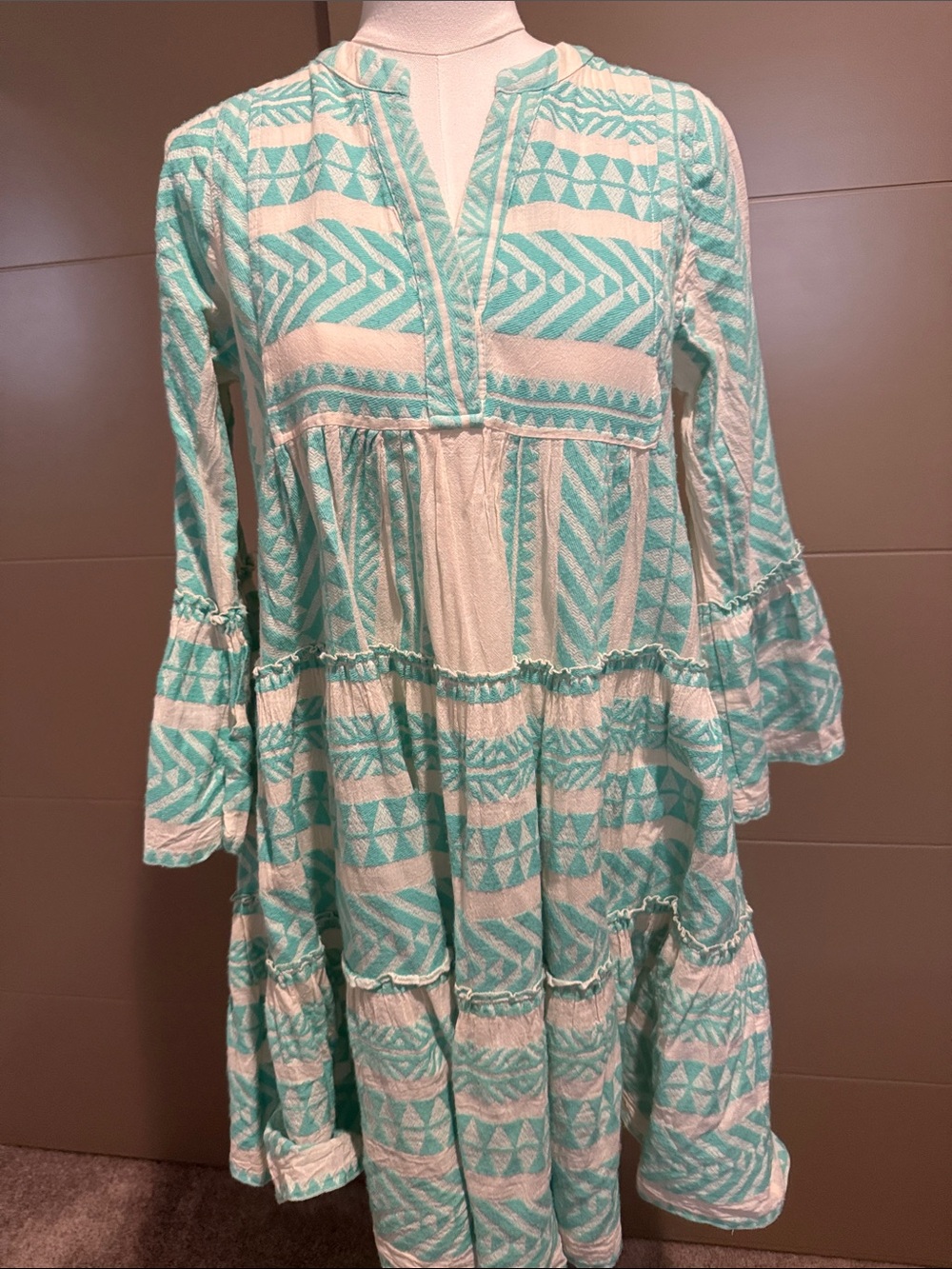 Tiered Boho Dress in Aqua and White